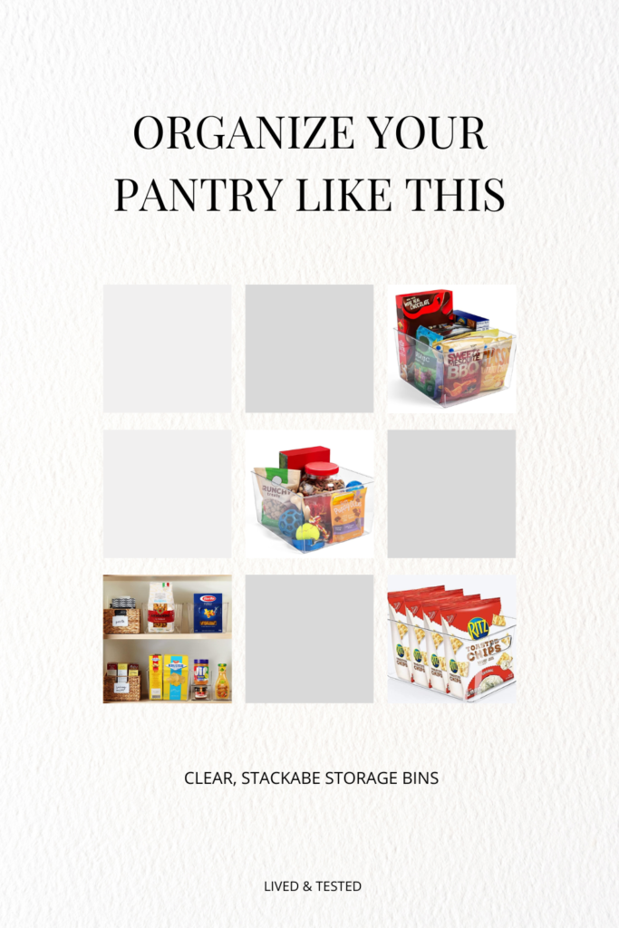 clear acrylic pantry storage bins organizing snacks and dry goods on pantry shelves
