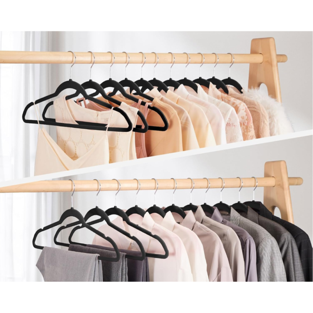 velvet space saving hangers organizing shirts and jackets neatly on a closet rod to maximize closet space