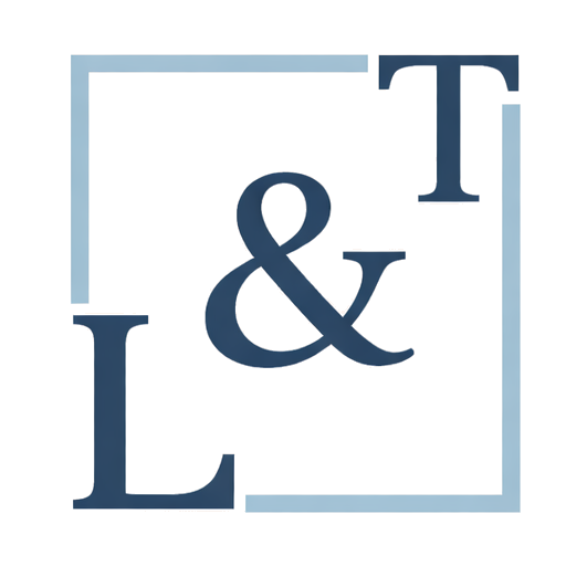 L & T logo with a navy blue ampersand centered inside a light blue square outline, with the L and T integrated into the border