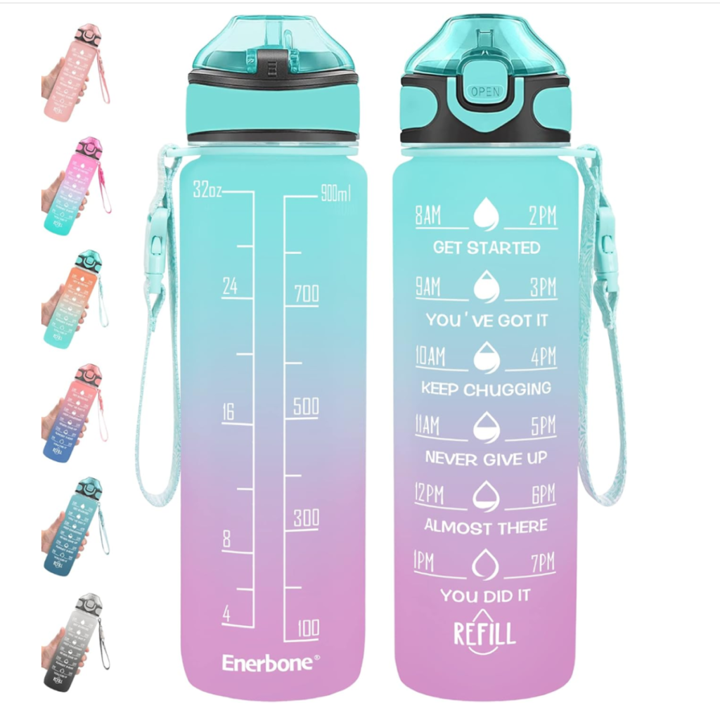 motivational water bottle with time markers encouraging daily hydration
