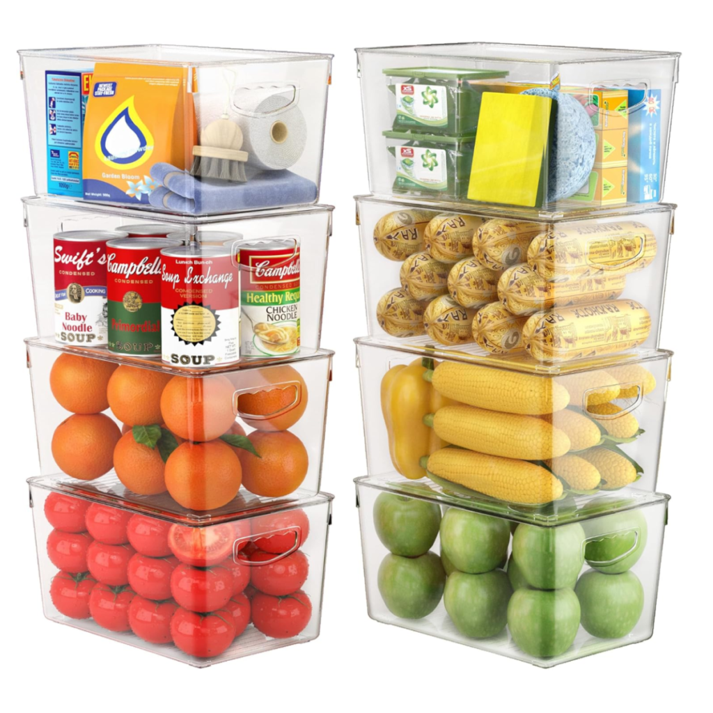 Clear stacked bins containing organized food items